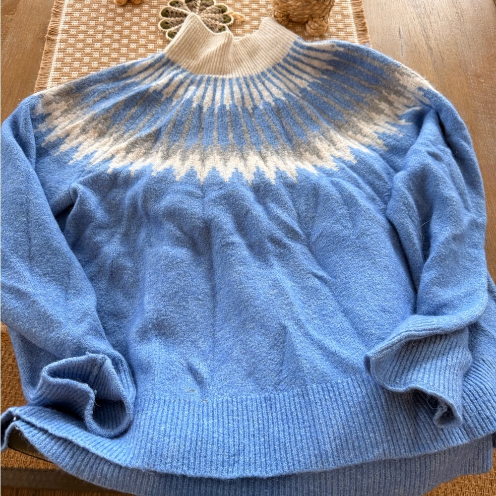J. Crew Light Blue and Cream Nordic Yoke Turtleneck Sweater